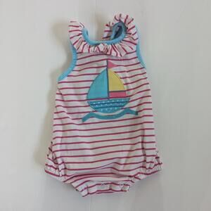 Classic Whimsy Sunsuit Bubble Baby Girls Sz 6m Applique Sailboat Pink Stripe